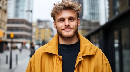Obraz premium Man in yellow jacket standing on street.