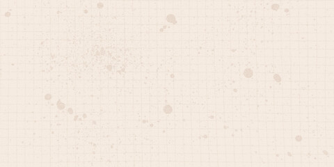 Beige pastel ink splatters and gritty halftone texture cover the checkered paper surface. Paint drips, tiny stains and watercolor splashes.