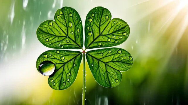 Four Leaf Clover Macro with Water Droplets and Sunbeam, Symbol of Irish Luck and St. Patrick's Day Celebration