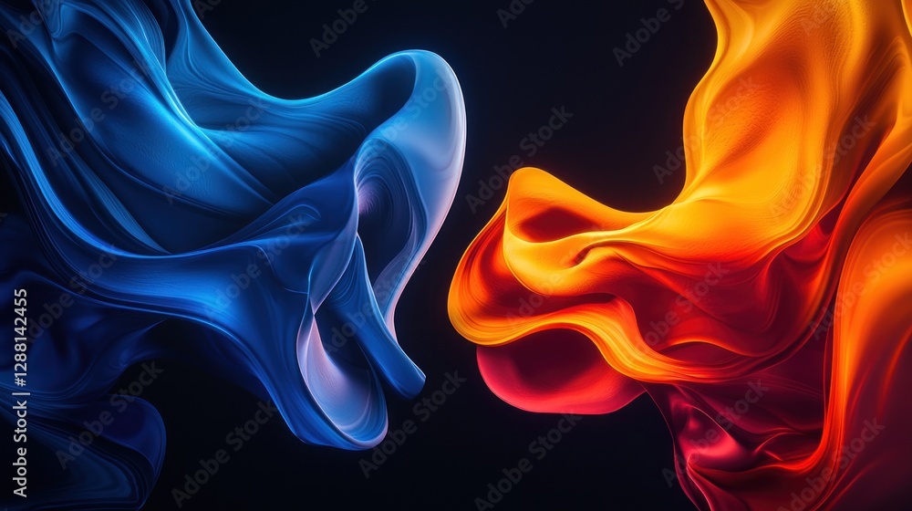 Poster abstract dynamic duo: a mesmerizing interplay of vibrant blue and fiery orange flowing forms, creati