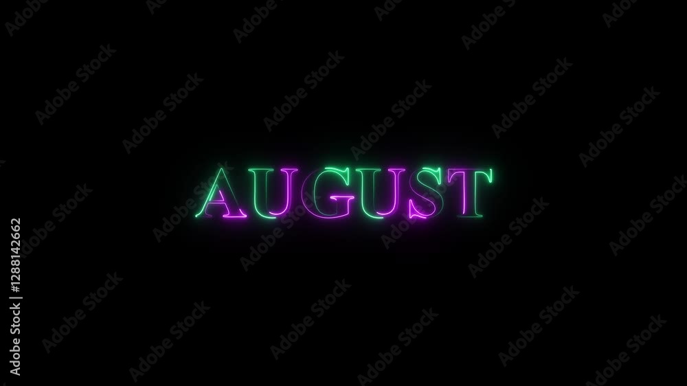 Poster neon glowing august month text icon animation background 4k. day of month with transparent backgroun