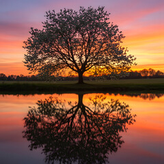 Fototapeta premium Summertime sunset over a bird cherry tree reflected in water
