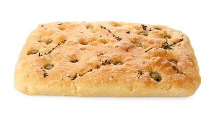 Delicious focaccia bread with olives and thyme isolated on white