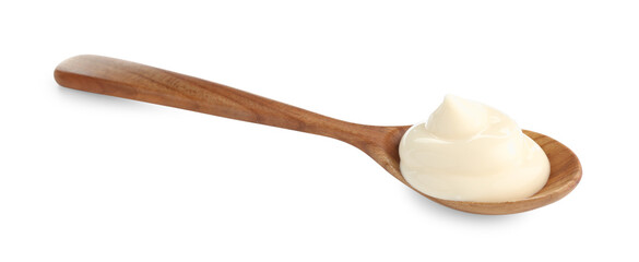 Tasty mayonnaise sauce in wooden spoon isolated on white
