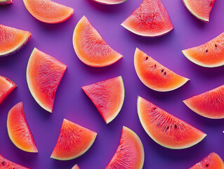 Colorful watermelon slices arranged on a purple background