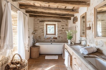 Rustic Farmhouse Bathroom:  A charming and cozy farmhouse bathroom boasts exposed stone walls, wooden beams, and a claw-foot tub, creating a spa-like sanctuary with a touch of country charm.  