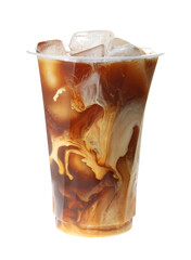 Refreshing iced coffee with milk in plastic cup isolated on white