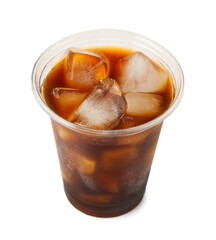 Refreshing iced coffee in plastic cup isolated on white