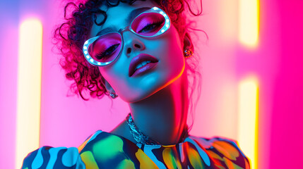 Obraz premium model in bold, colorful makeup and an avant-garde outfit posing against a neon-lit backdrop 