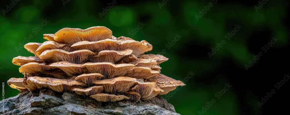 Poster weathering process concept. a vibrant close-up of a mushroom cluster showcasing intricate textures a