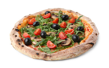 Tasty pizza with cherry tomatoes, black olives, mushrooms and arugula isolated on white
