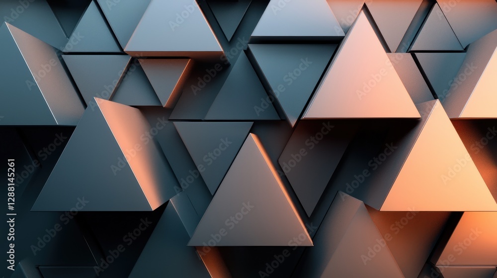 Poster abstract geometric triangles: a 3d composition of interlocking shapes in dark and warm hues