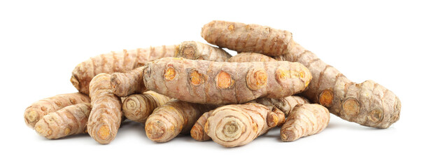 Pile of fresh turmeric roots isolated on white