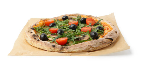Tasty pizza with cherry tomatoes, black olives, mushrooms and arugula isolated on white