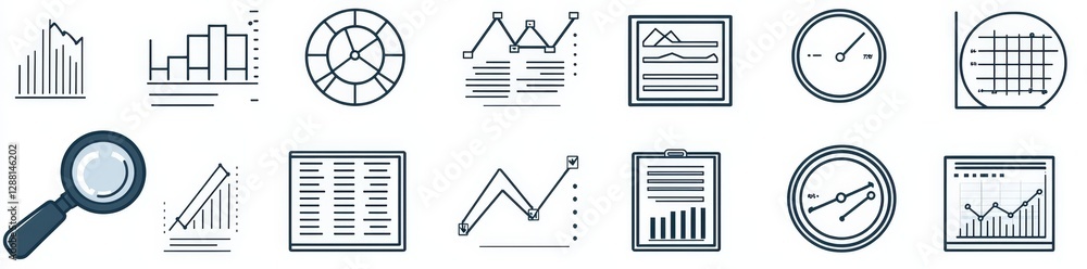 Poster a collection of data science symbols or logos is comprised of a modern set of data analysis icons, i