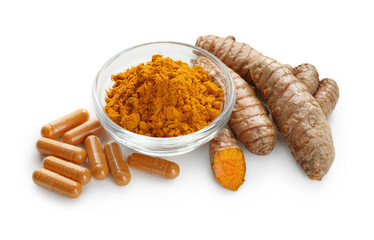 Turmeric powder in bowl, roots and capsules isolated on white