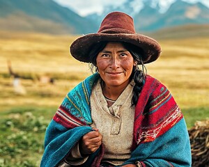 Fototapeta premium Andean Woman in a Rustic Landscape with a Traditional Poncho