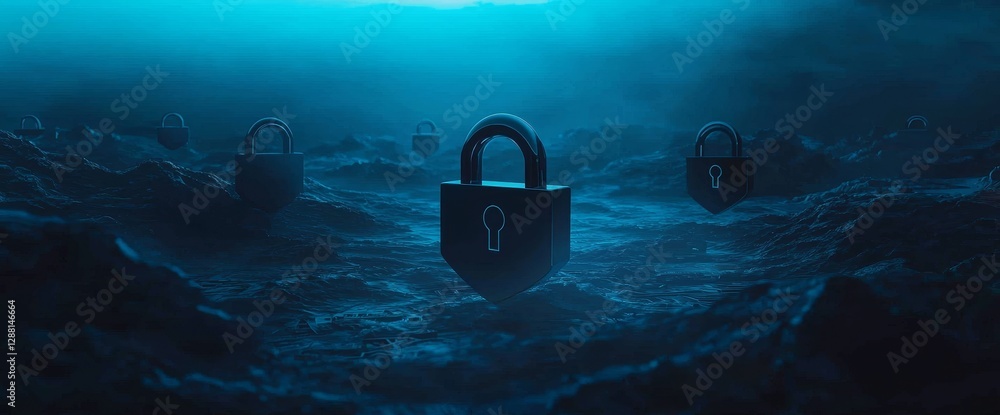 Poster the notion of cybersecurity and data protection, depicted in a 3d rendering