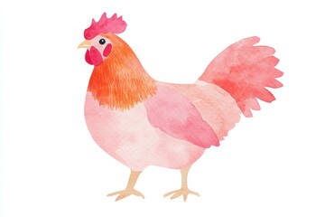 Fototapeta premium A vibrant watercolor illustration of a chicken with a pink and orange color palette, showcasing a cheerful and lively demeanor in a farm setting