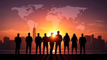 Fototapeta premium Silhouettes of people standing in front of sunset with global map overlay, symbolizing teamwork, unity, globalization, and business collaboration.