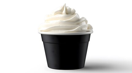 Soft serve ice cream in a black cup against white background