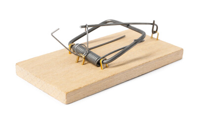 One spring-loaded bar mousetrap isolated on white