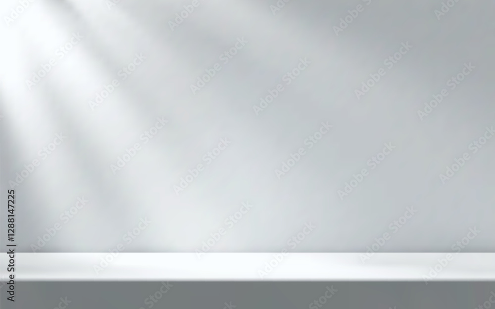 Poster white empty room illuminated by the sun rays with table surface. product presentation template.