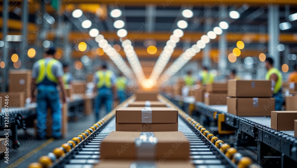 Poster workers efficiently package and sort boxes in a modern warehouse during the day