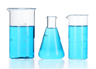 Laboratory glassware with blue liquid isolated on white