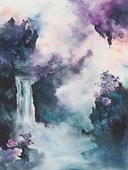 Enchanting Waterfall Cascading Through Misty Mountain Landscape
