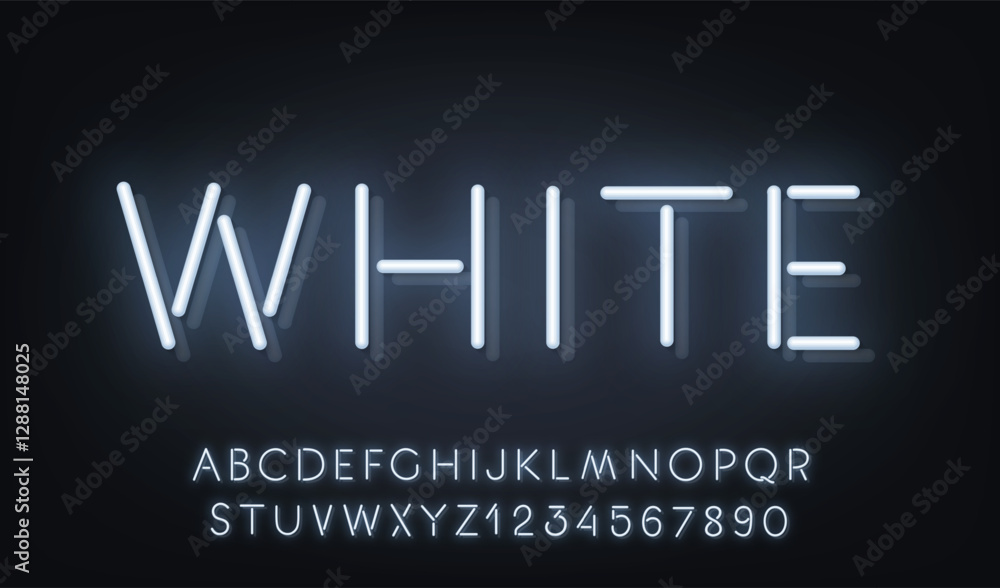 Poster white neon reflection font on dark background. light glow letter and numbers for text sign.