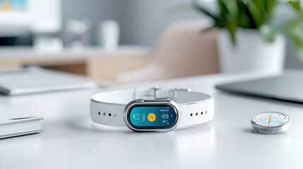 sleek, modern smartwatch with white band and digital display sits on desk, showcasing advanced features and AI driven diagnostics
