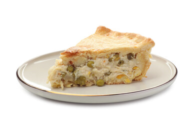 Piece of tasty homemade pie with chicken and vegetables isolated on white