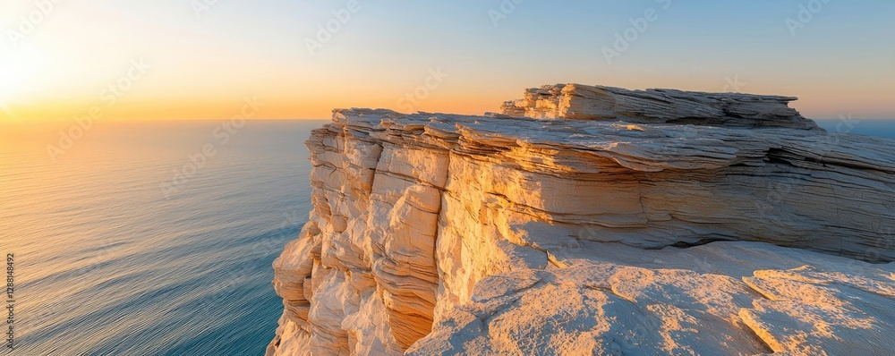 Poster weathering process idea. sunset view over rocky cliff edge with ocean waves softly crashing below.