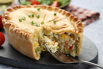 Delicious fresh homemade pie served on table, closeup