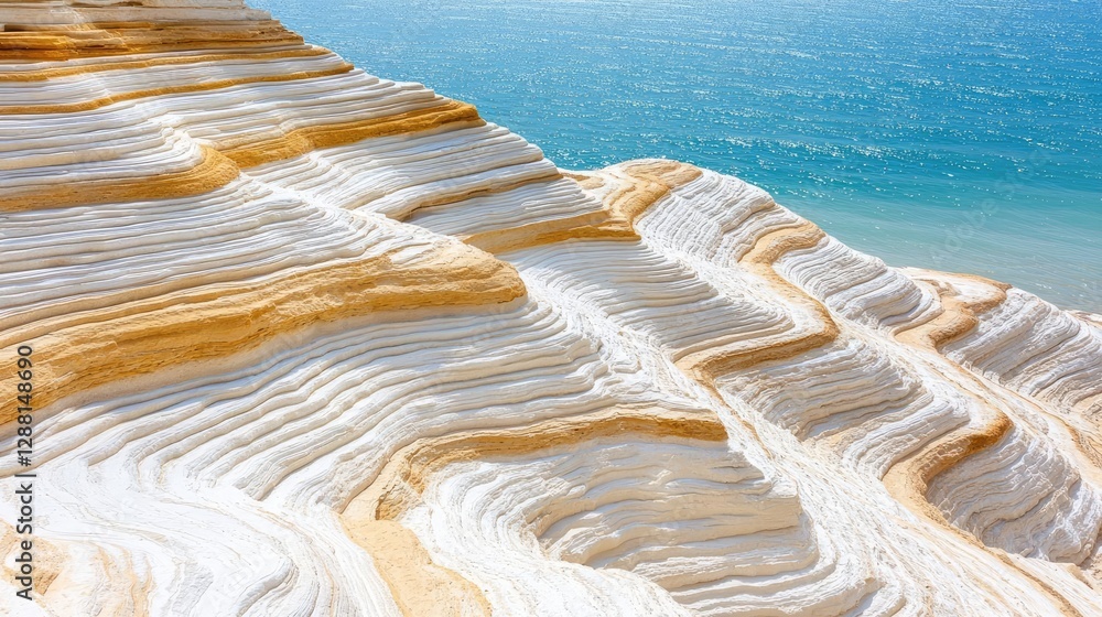 Poster weathering process idea. stunning layered cliffs by the sea, showcasing unique natural patterns and 