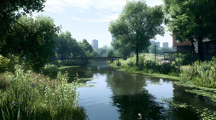Fototapeta premium Tranquil River Scene with Lush Greenery and Cityscape in Background
