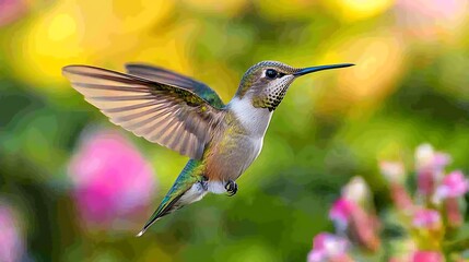 Fototapeta premium Hummingbird in flight. Nature scene with vibrant blooms and bokeh background. Ideal for nature blogs and wall art