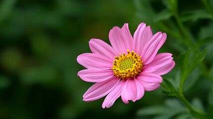 Obraz premium Pink Flower with Yellow Center Against Green Background