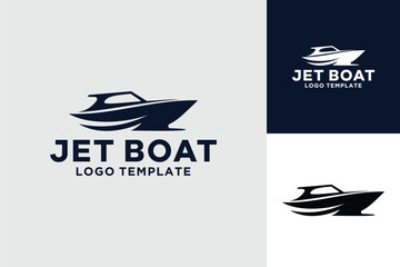 Simple Minimalist Silhouette of Speedboat Jet boat Motorboat, or Boat with Motor with water sea ocean wave logo design