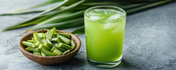 refreshing glass of green pandan juice next to bowl of pandan leaves, showcasing vibrant colors and natural ingredients. Perfect for healthy drink option