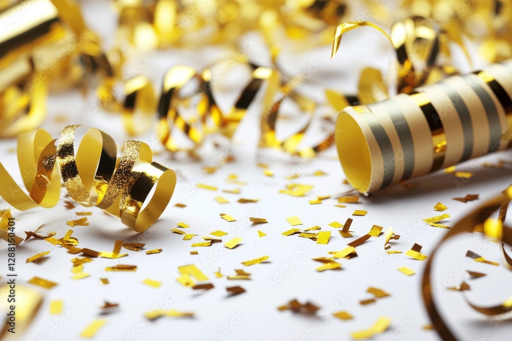 Poster golden confetti is falling down in isolation on a transparent background