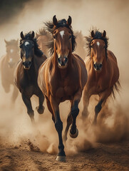 Obraz premium Wild horses running through a dusty landscape at sunset