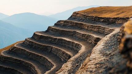 Weathering process idea. Stunning view of layered rock formations in a serene mountain landscape.