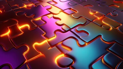 Vibrant Glossy Puzzle Pieces with Radiant Glow and Abstract Shapes