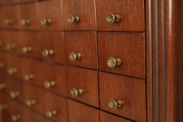 Wooden cabinet with many drawers, closeup view