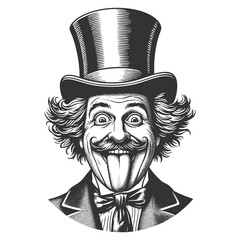 Silly stupid facial expression gentleman with curled mustache and top hat sticking out his tongue sketch engraving generative ai raster illustration. Scratch board imitation. Black and white image.