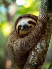 Fototapeta premium Sloth climbing a tree in a tropical forest setting