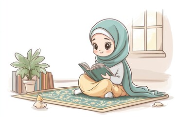 Obraz premium A Young Girl Reading a Book While Sitting on a Rug