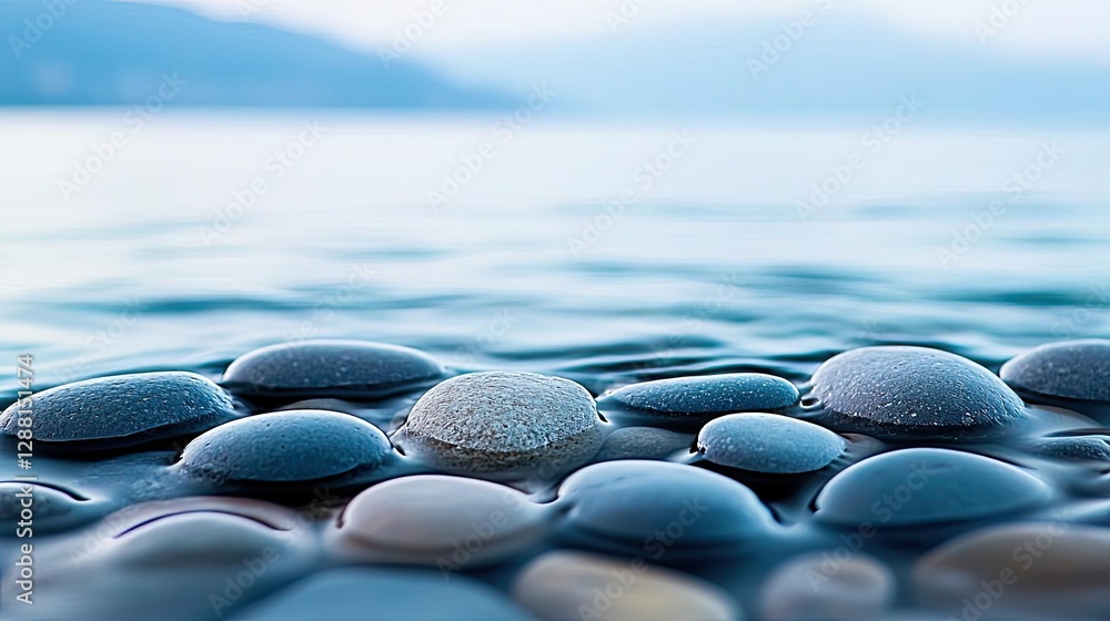 Poster weathering process idea. smooth pebbles resting on clear water, creating a serene and tranquil natur